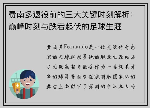 费南多退役前的三大关键时刻解析：巅峰时刻与跌宕起伏的足球生涯