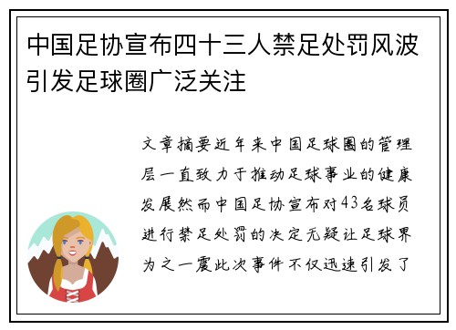 中国足协宣布四十三人禁足处罚风波引发足球圈广泛关注
