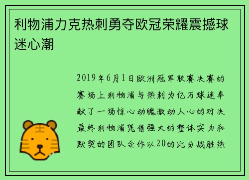 利物浦力克热刺勇夺欧冠荣耀震撼球迷心潮 利物浦力克热刺勇夺欧冠荣耀震撼球迷心潮