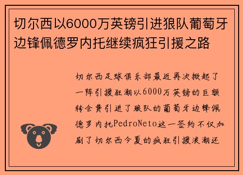 切尔西以6000万英镑引进狼队葡萄牙边锋佩德罗内托继续疯狂引援之路