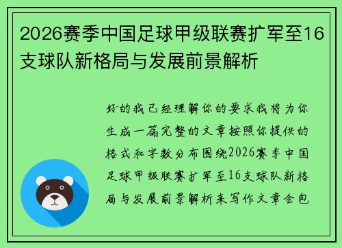 2026赛季中国足球甲级联赛扩军至16支球队新格局与发展前景解析